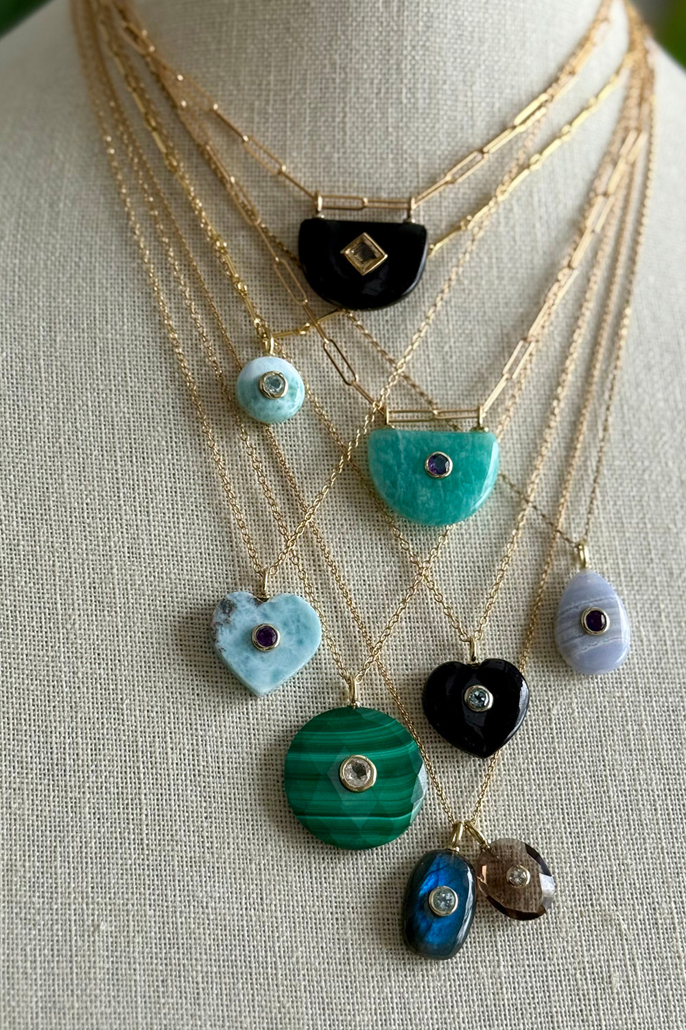 Larimar and Blue Topaz Circle Charm on 14K Gold Filled Bar Chain