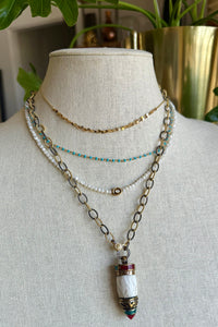 Textured Gold Vermeil and Silver Chain with Pave Diamond Lobster Clasp, with White Turquoise and Carnelian Pendant