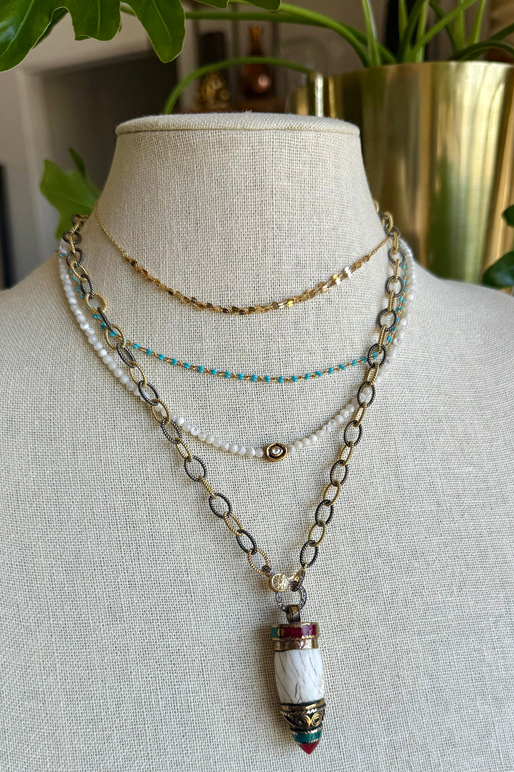 Textured Gold Vermeil and Silver Chain with Pave Diamond Lobster Clasp, with White Turquoise and Carnelian Pendant