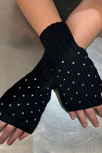 Cotton Cashmere Rhinestone Fingerless Gloves in Black