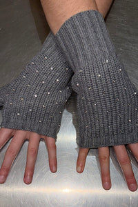 Cotton Cashmere Rhinestone Fingerless Gloves in Grey Shadow
