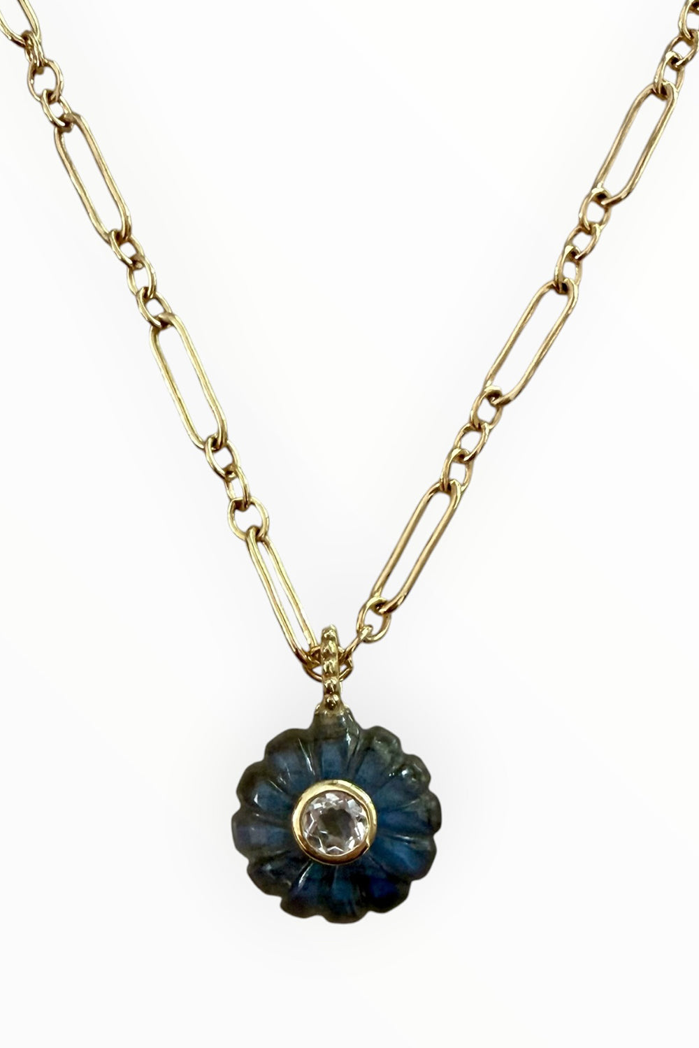Carved Labradorite Flower Pendant with White Topaz on Gold Filled Twisted Bar Chain