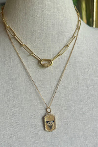 14K gold vermeil, enamel and pave diamond evil eye dog tag on 14K gold filled adjustable box chain