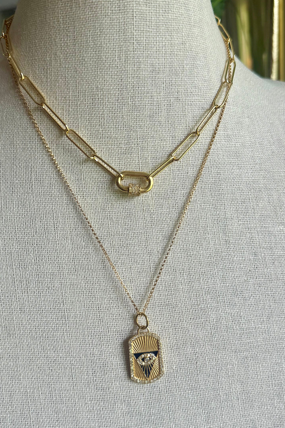 14K gold vermeil, enamel and pave diamond evil eye dog tag on 14K gold filled adjustable box chain