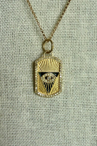 14K gold vermeil, enamel and pave diamond evil eye dog tag on 14K gold filled adjustable box chain