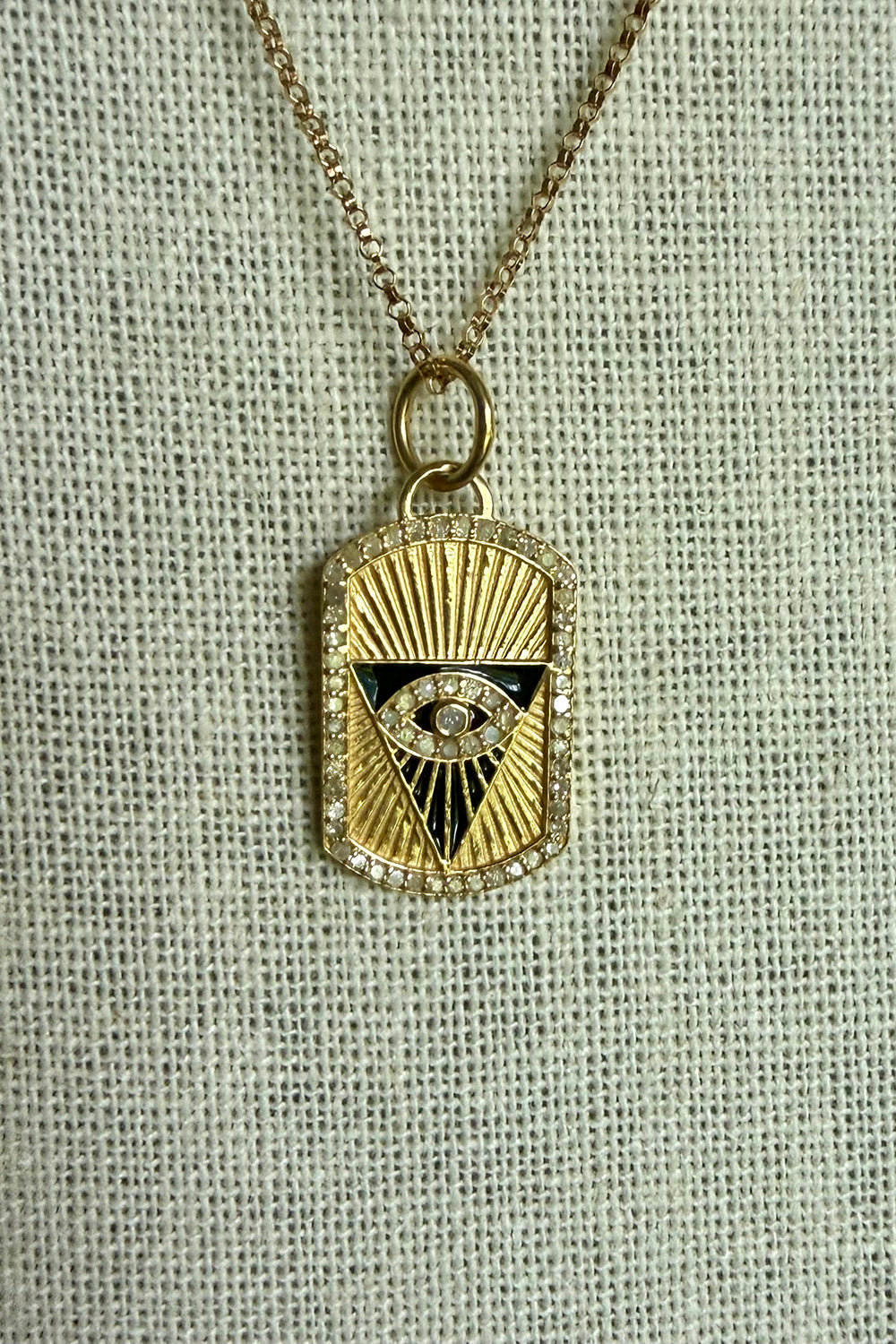 14K gold vermeil, enamel and pave diamond evil eye dog tag on 14K gold filled adjustable box chain
