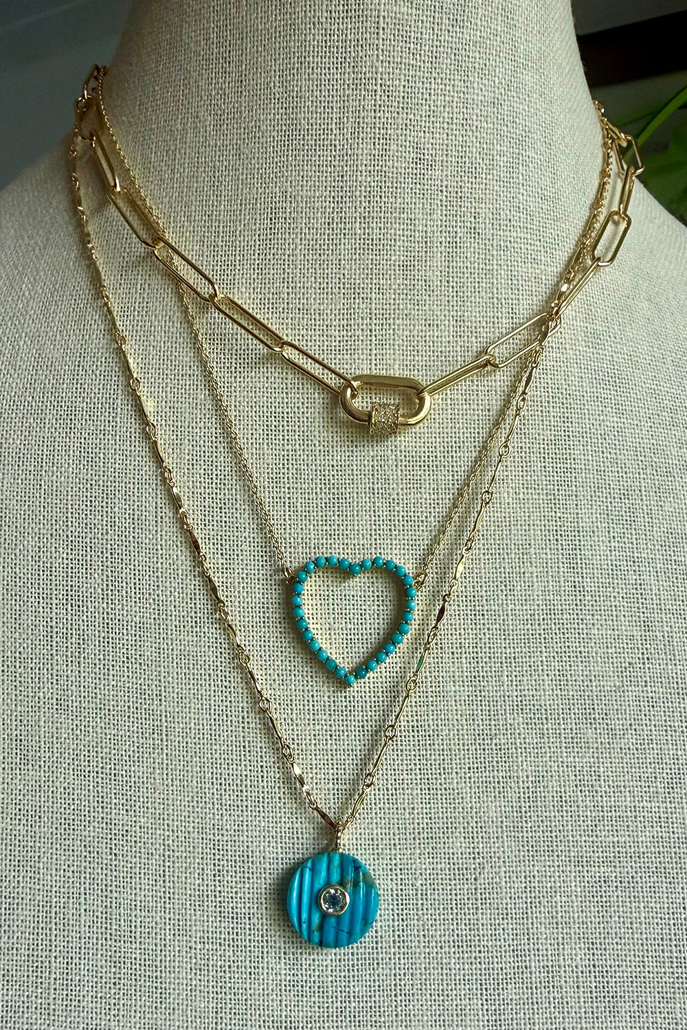 14K gold filled dapped bar chain 18/20 with grooved turquoise gemstone disc pendant