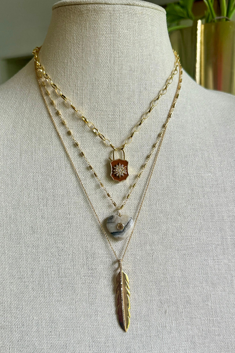 16” Gold Filled Chain with Brown Enamel and Diamond Shield Padlock Clasp