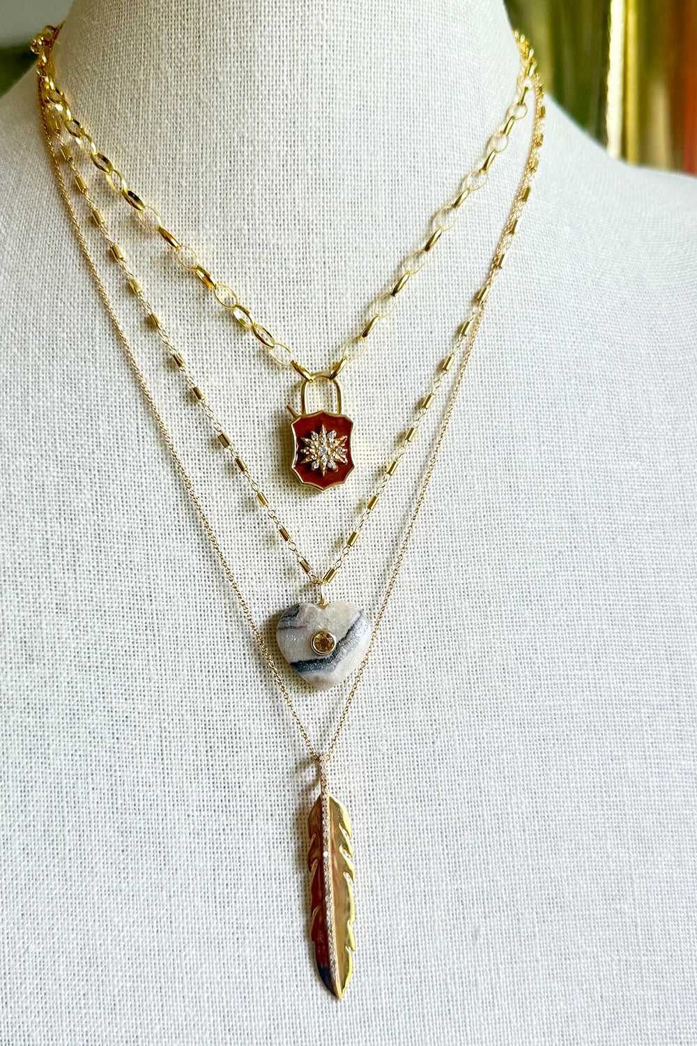 Calcite heart inlaid with topaz on 14K gold filled tube chain necklace