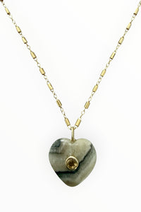 Calcite heart inlaid with topaz on 14K gold filled tube chain necklace