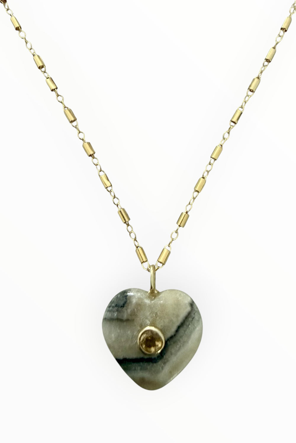 Calcite heart inlaid with topaz on 14K gold filled tube chain necklace