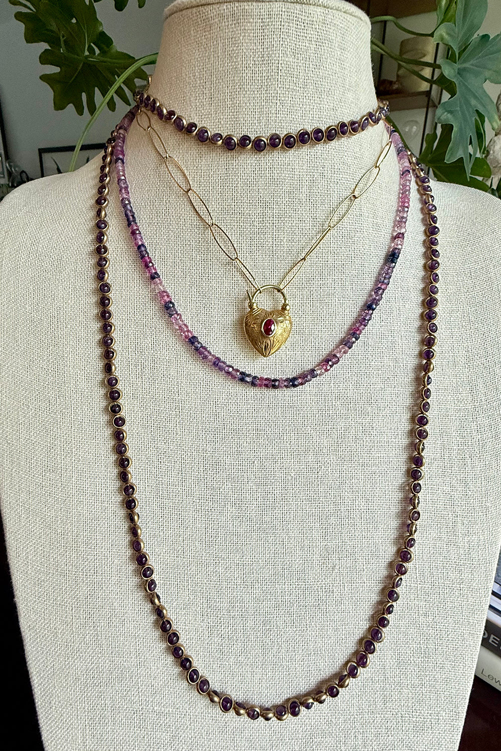 Etched Heart padlock with tourmaline on gold filled oval chain