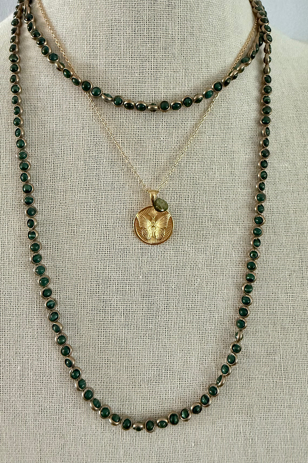 Gold Vermeil Butterfly signet pendant on gold filled chain with tourmaline charm