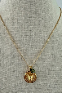 Gold Vermeil Butterfly signet pendant on gold filled chain with tourmaline charm