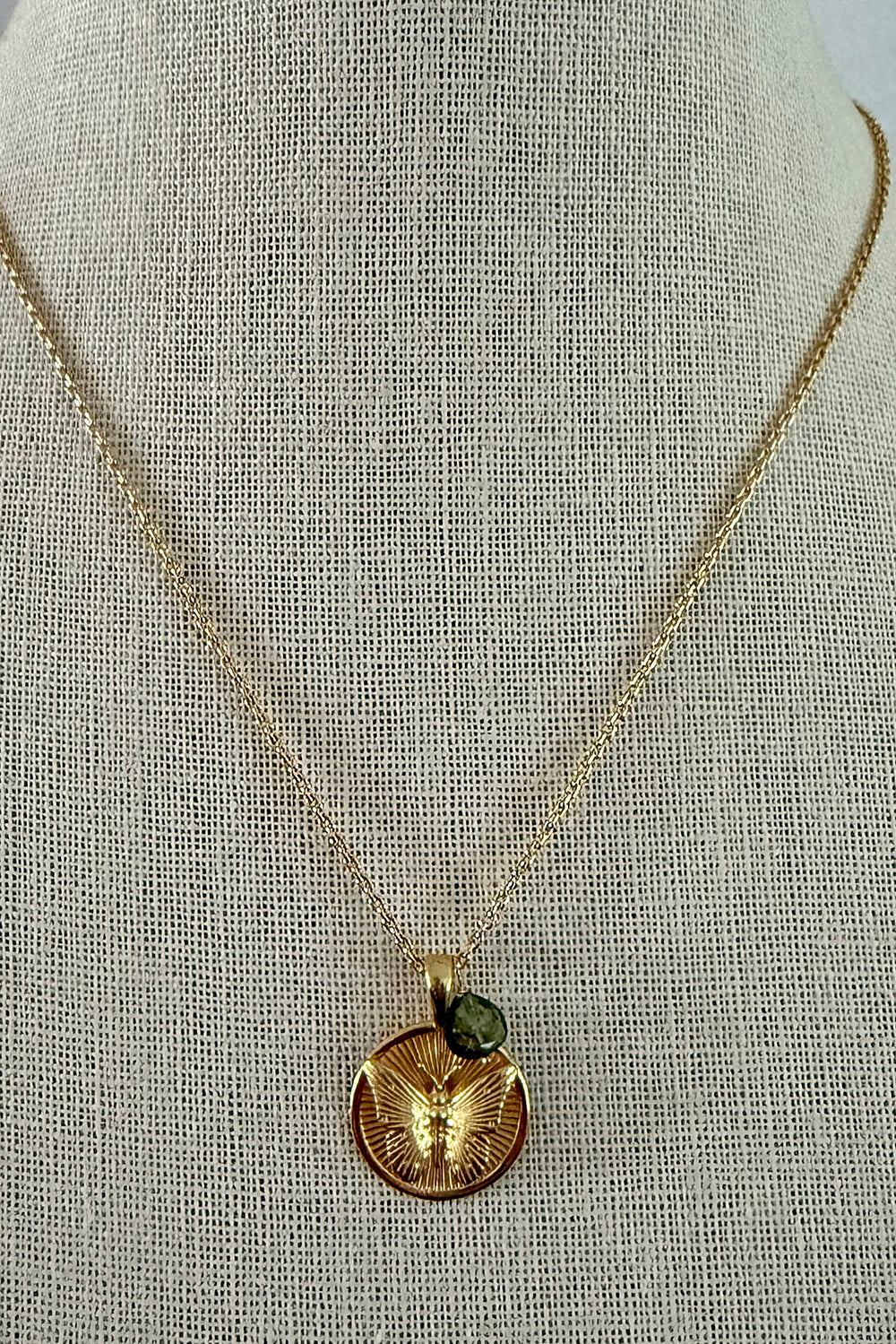 Gold Vermeil Butterfly signet pendant on gold filled chain with tourmaline charm