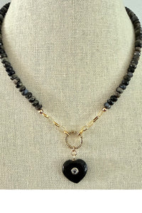 Faceted gray opals with pave diamond carabiner and black onyx heart charm