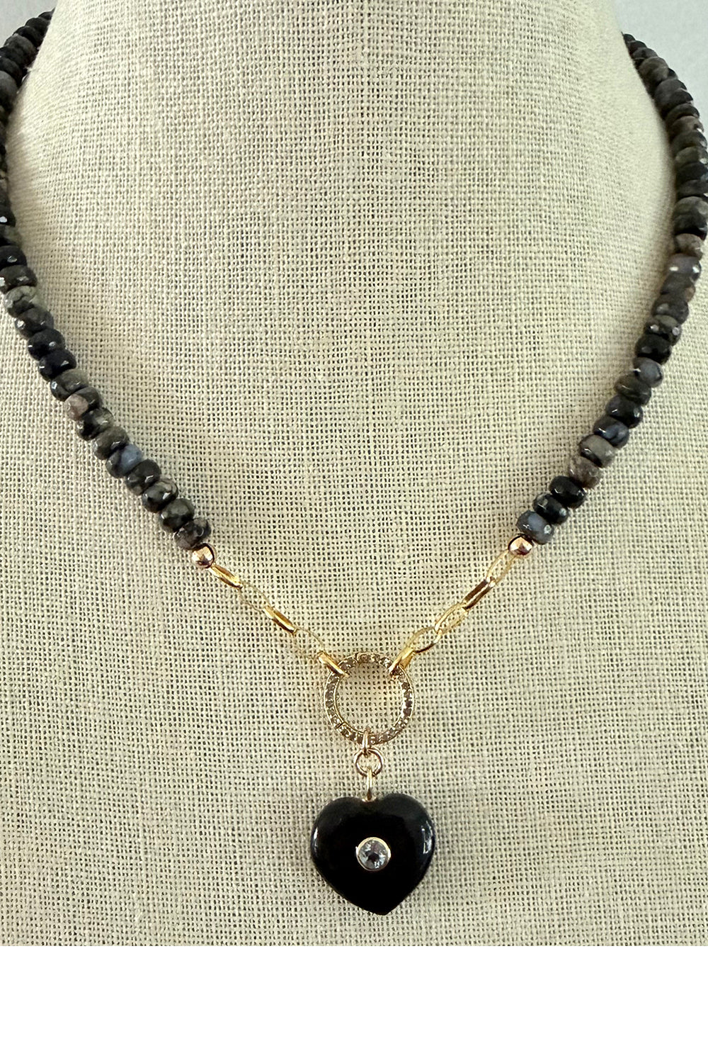 Faceted gray opals with pave diamond carabiner and black onyx heart charm