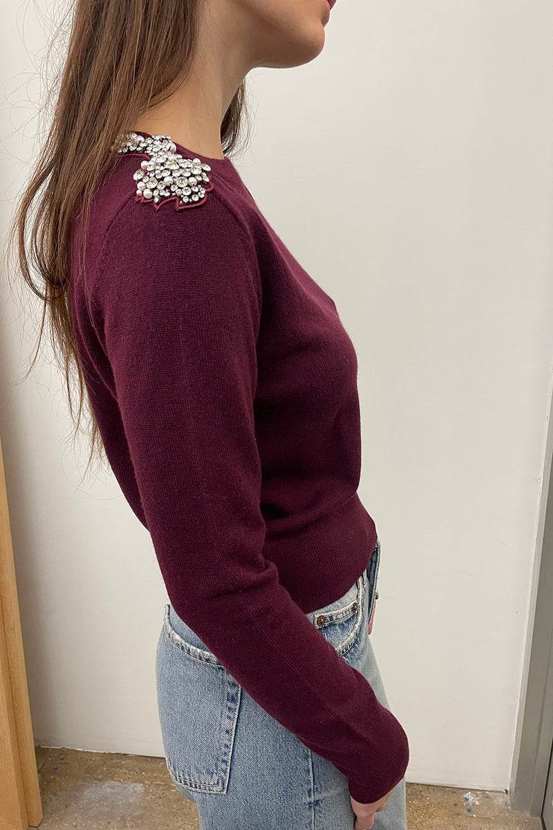 Cashmere Top with Shoulder Embellishment in Bordeaux