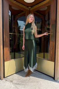 Keri Paneled Bias Silk Skirt with Lace in Hunter Green Multi