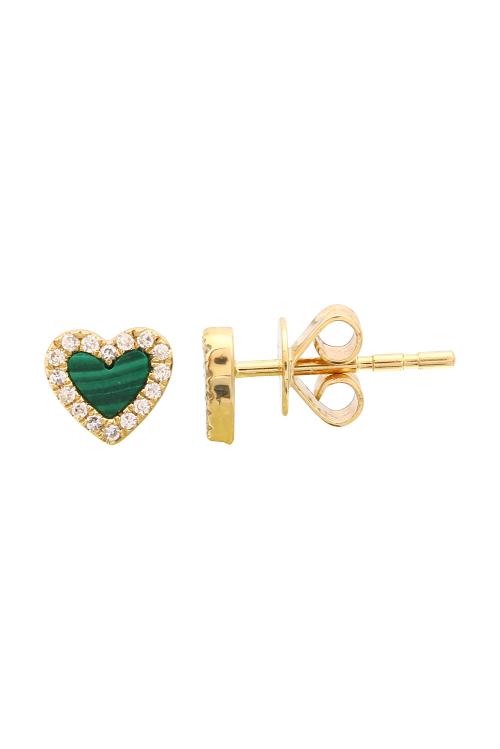 14K Yellow Gold Diamond Border Malachite Heart Studs