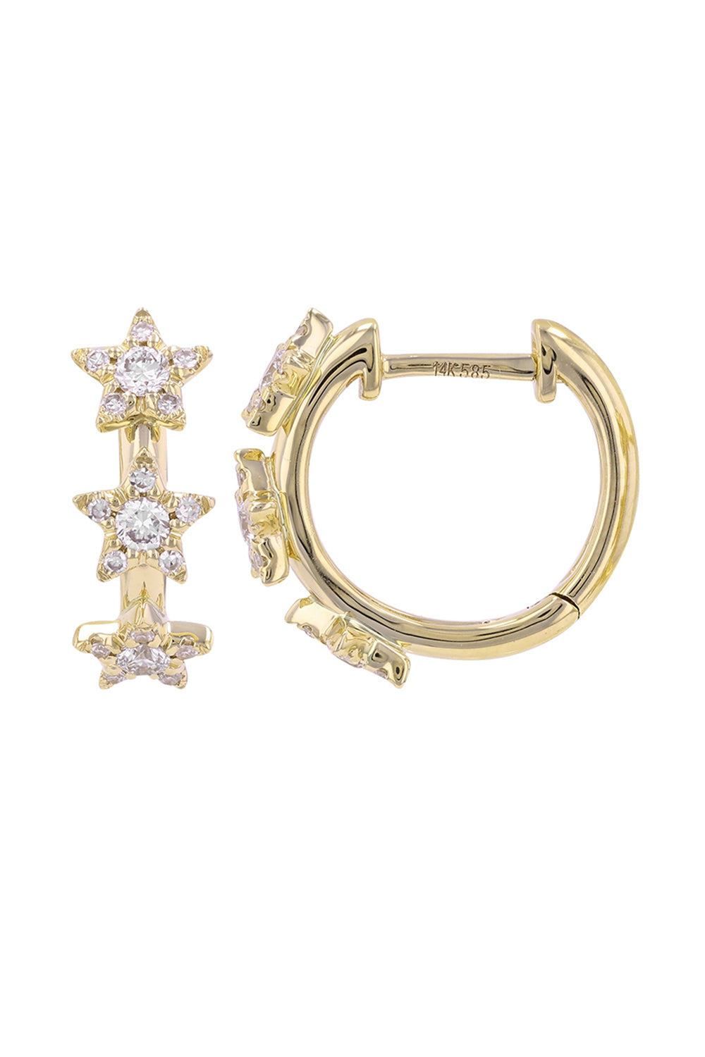 14K Yellow Gold Triple Star Huggie Earrings