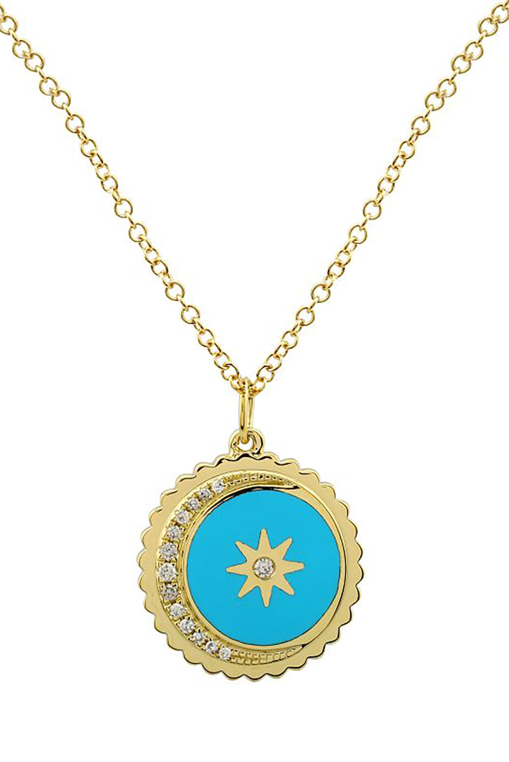 14K Yellow Gold Turquoise Enamel Diamond Moon and Star Necklace
