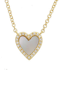 14K Yellow Gold Diamond Border Mother Of Pearl Heart Necklace