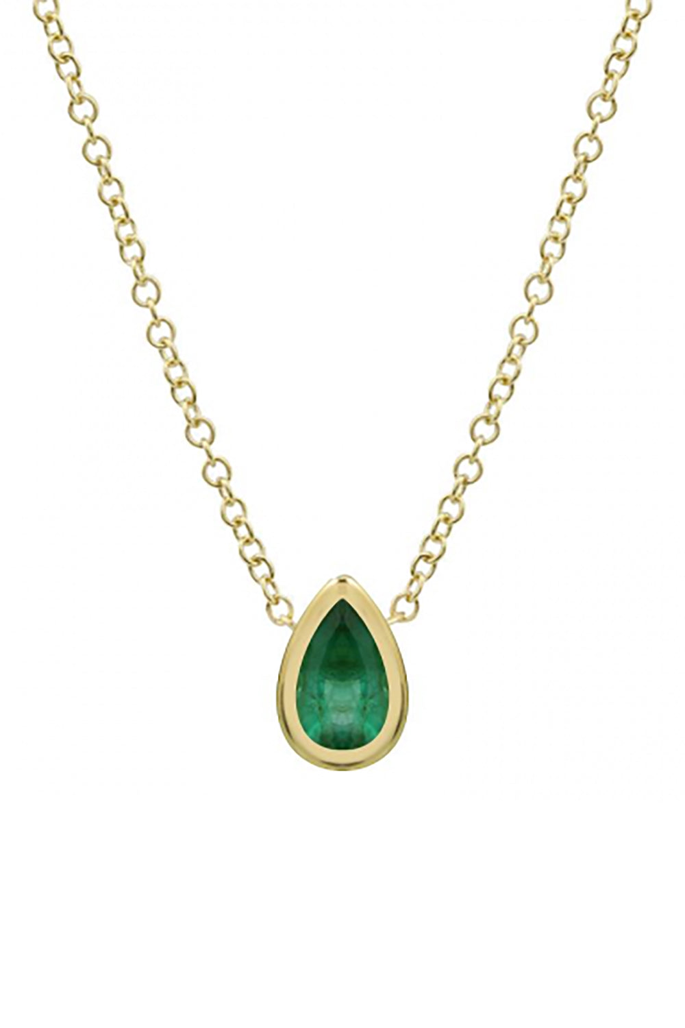 14K Yellow Gold Bezel Set Pear Cut Emerald Necklace
