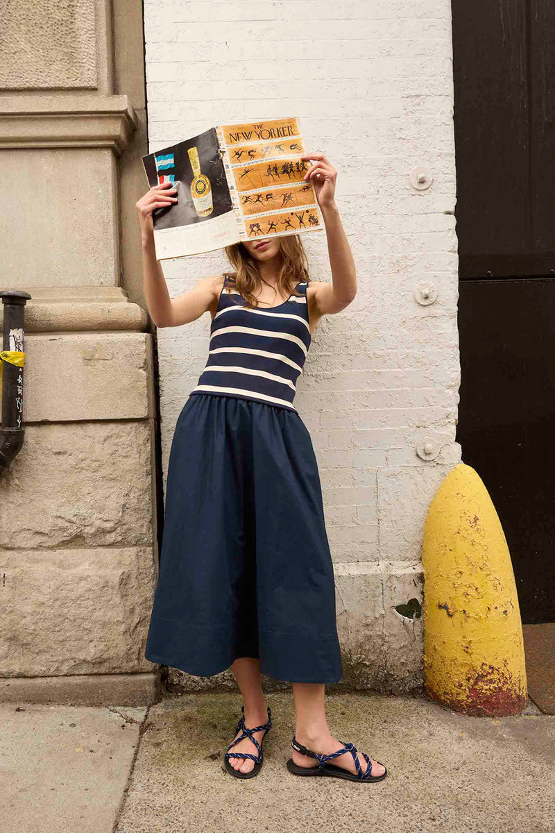 Amber Dress in Maritime Blue Cream Wide Stripe