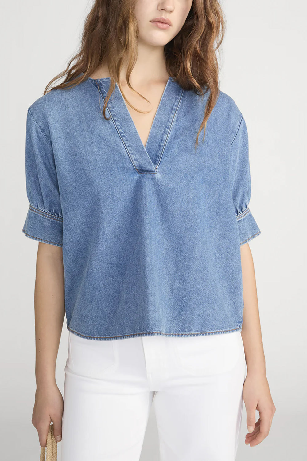 The Denim V-neck Popover Top in Sora