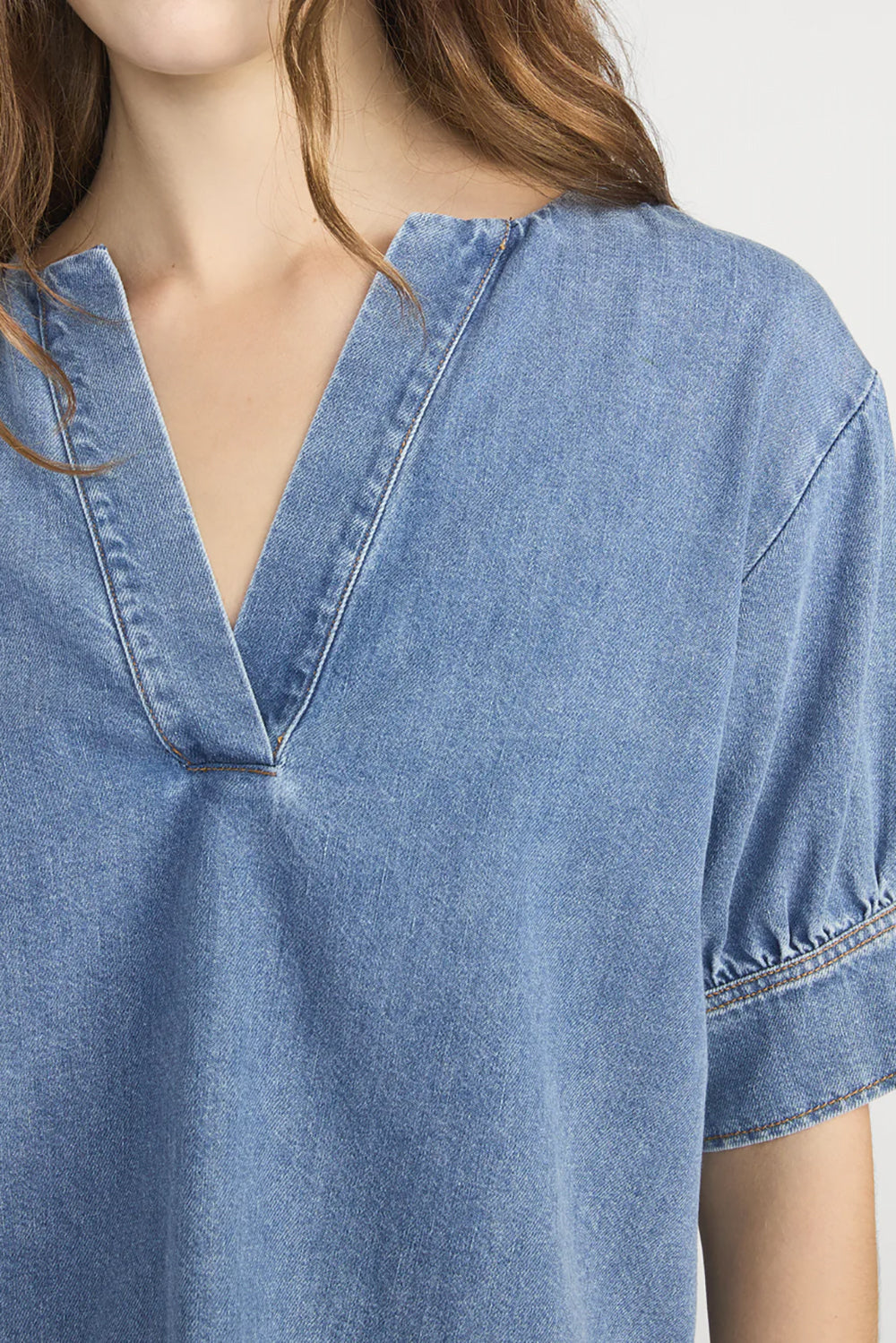 The Denim V-neck Popover Top in Sora