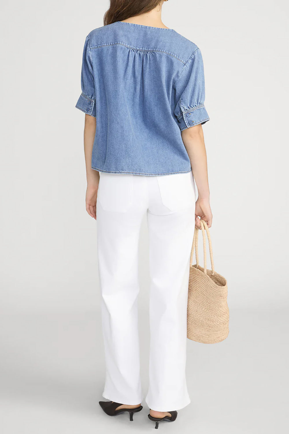 The Denim V-neck Popover Top in Sora