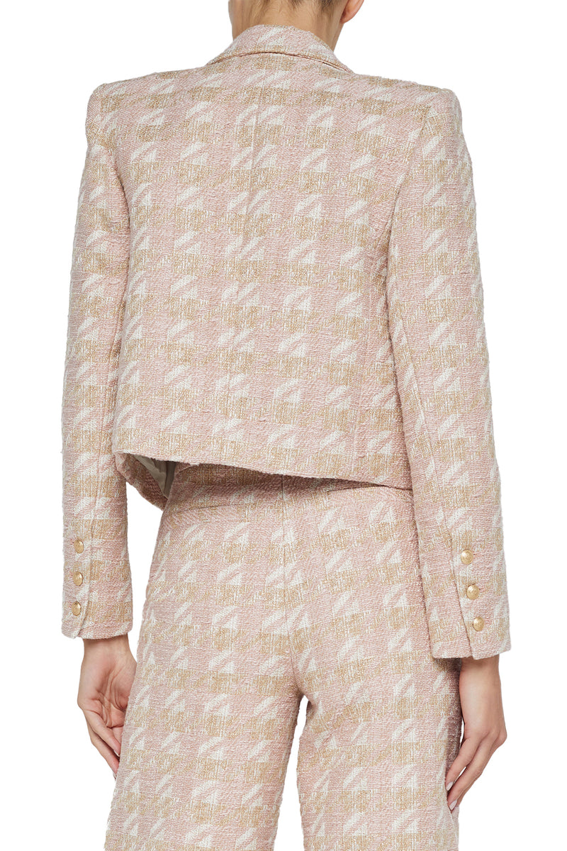 Lila Boxy Blazer in Ecru Pink Gold Houndstooth