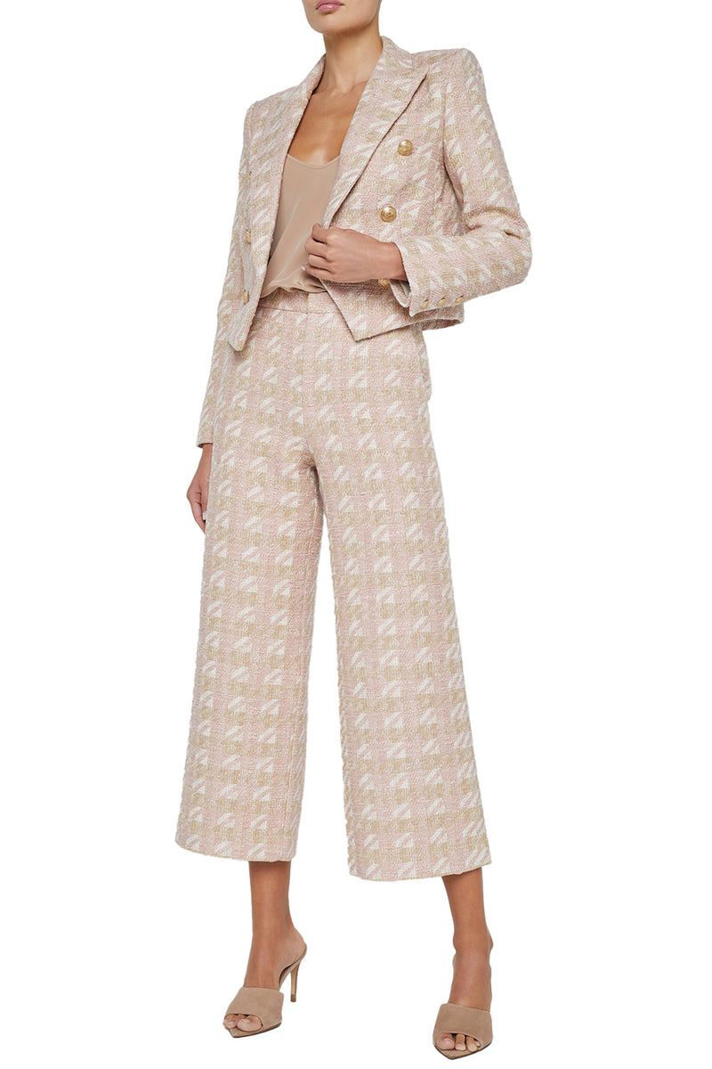 Lila Boxy Blazer in Ecru Pink Gold Houndstooth