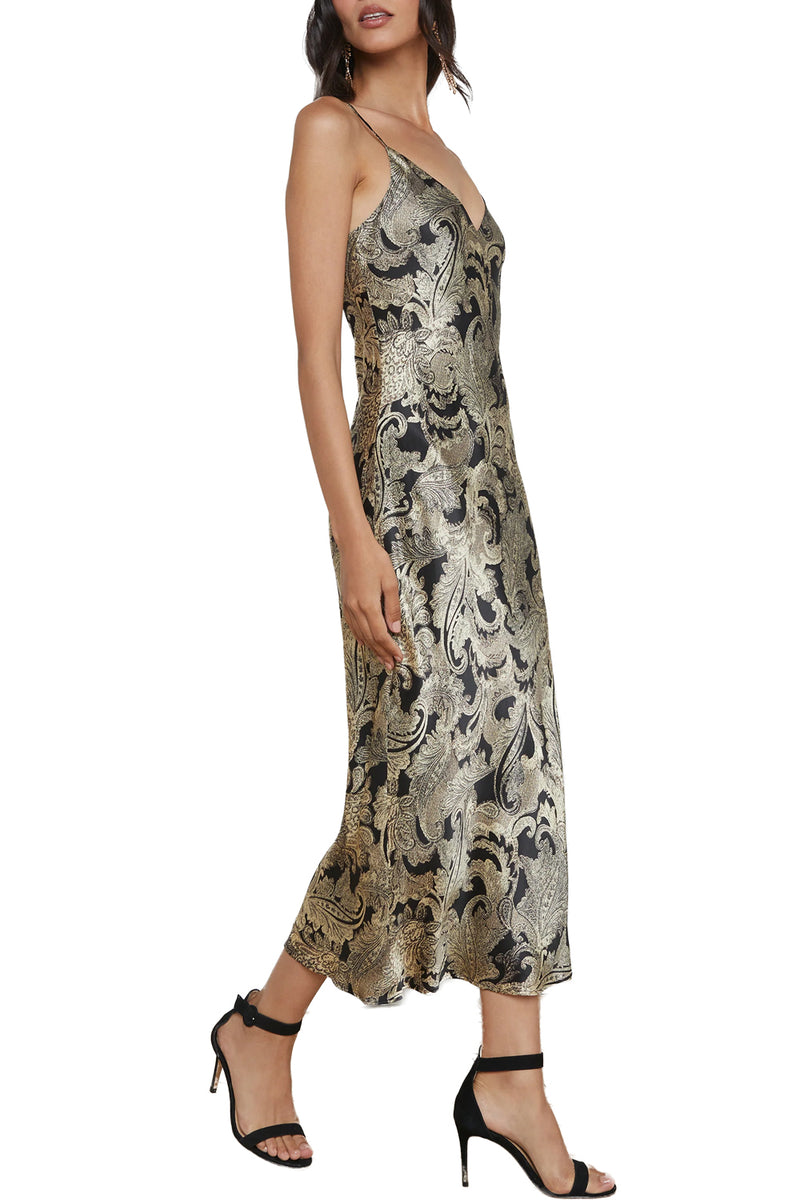 Seridie Silk Slip Dress in Gold Multi Textured Paisley