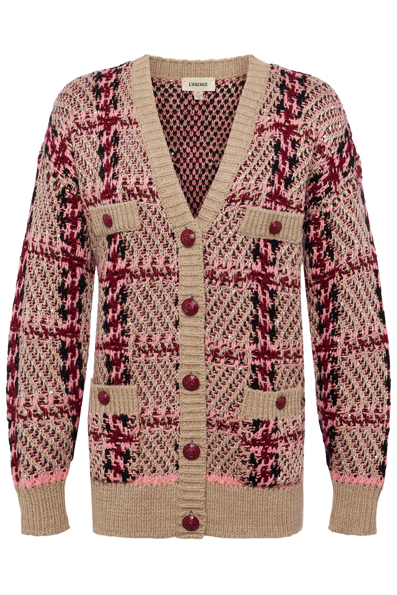 Macie Houndstooth Cardigan in Natural Pink Burgundy Black Sequin