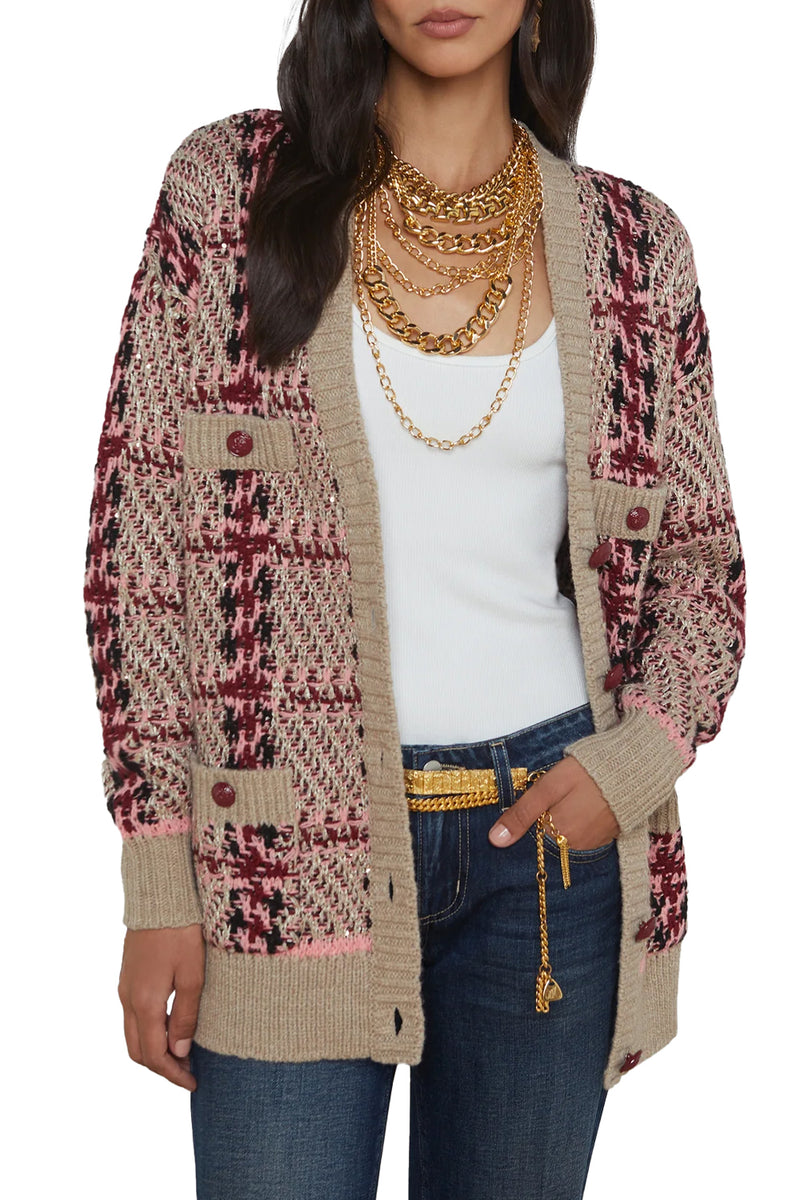 Macie Houndstooth Cardigan in Natural Pink Burgundy Black Sequin