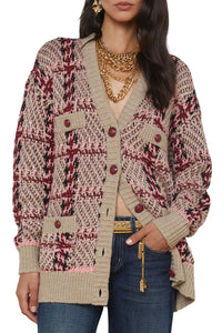 Macie Houndstooth Cardigan in Natural Pink Burgundy Black Sequin