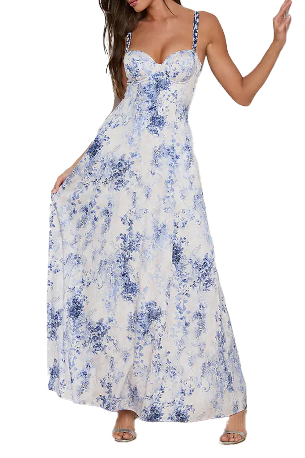 Sutton Beaded Strap Gown in Ivory Blue Watercolor