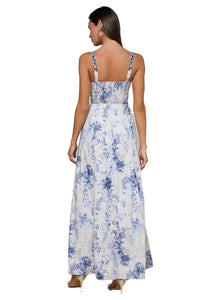Sutton Beaded Strap Gown in Ivory Blue Watercolor