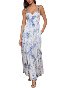 Sutton Beaded Strap Gown in Ivory Blue Watercolor