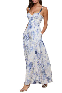 Sutton Beaded Strap Gown in Ivory Blue Watercolor