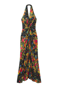 Mabel Floral Satin Gown in Black/Persimmon