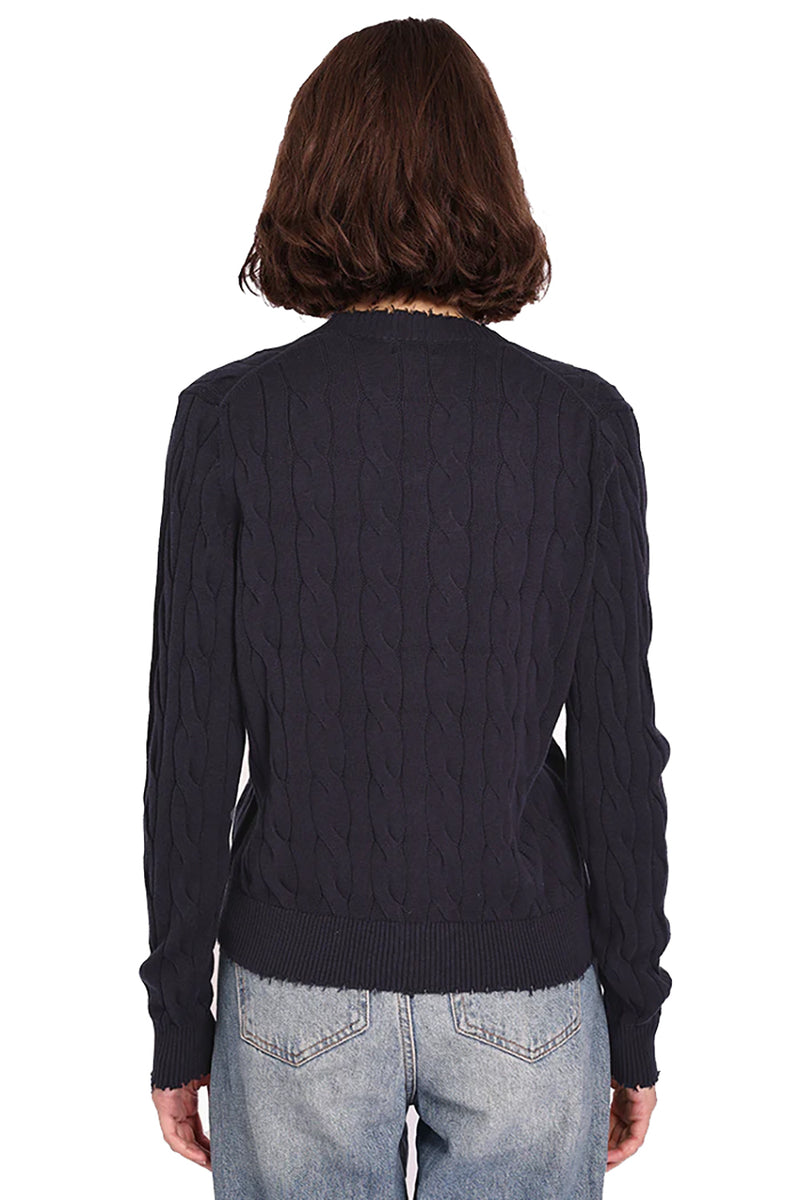 Cotton Frayed Cable Cardigan in Navy