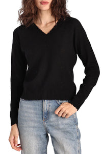 Cashmere Frayed Edge Cropped V Pullover in Black