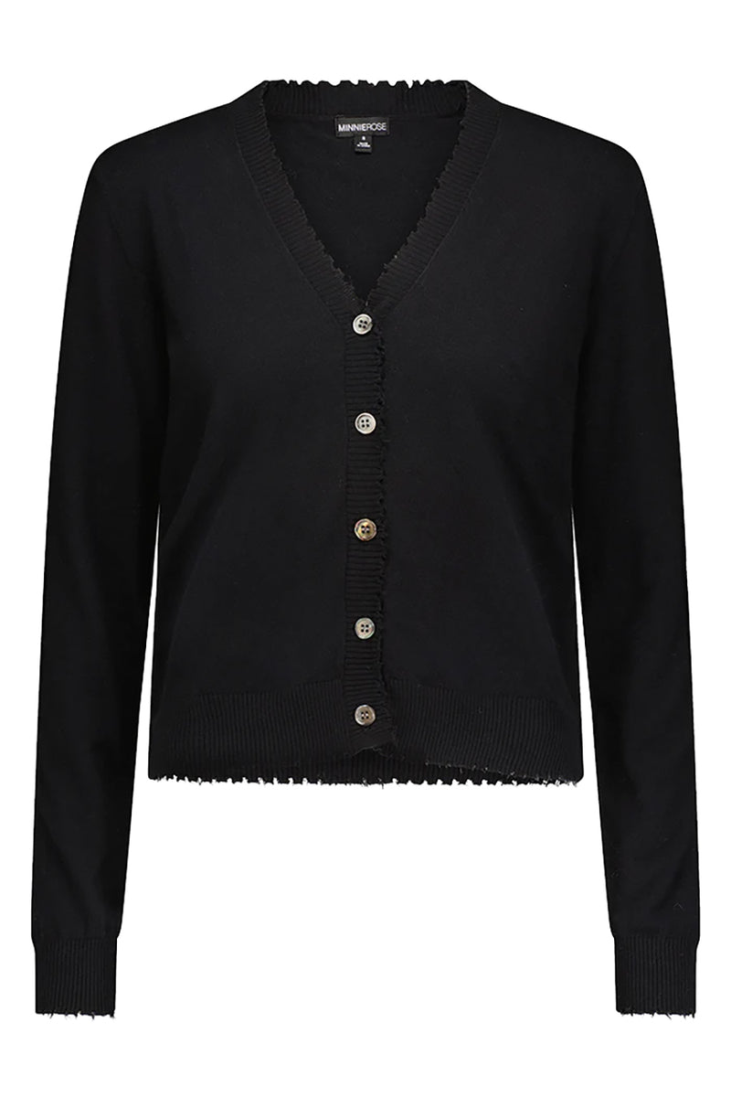 Cotton Cashmere Frayed Cardi in Black