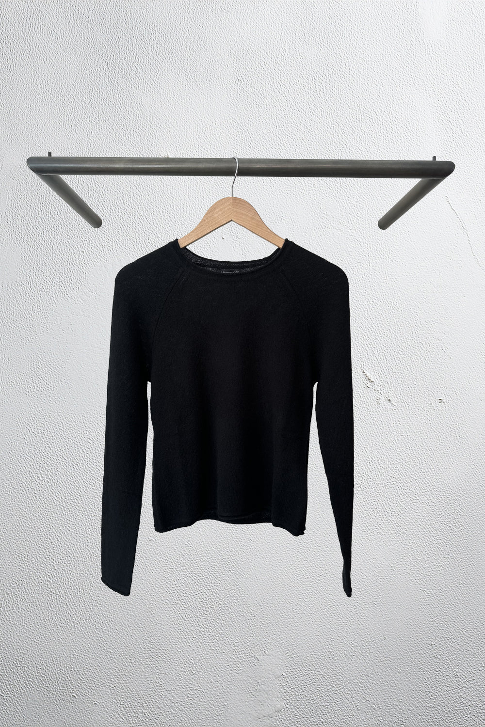 Sheer Luxury Raglan Crew With Rolled Trims in Black