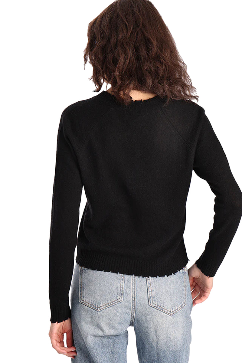 Cashmere Frayed Edge Cropped V Pullover in Black