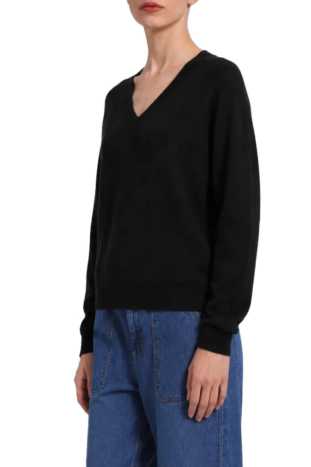 Cashmere Long Sleeve Shrunken V Neck in Black