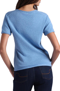 Short Sleeve V Neck Tee with Rolled Edges in Cameo Blue